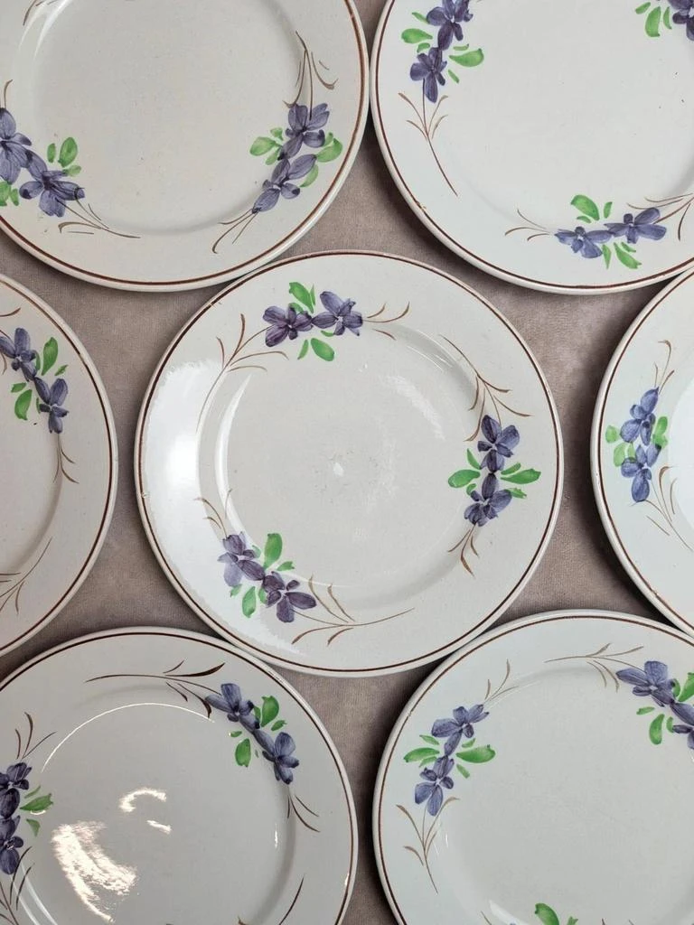 Lot de 9 assiettes anciennes en terre de fer – Opaque de Bordeaux – décor floral peint main